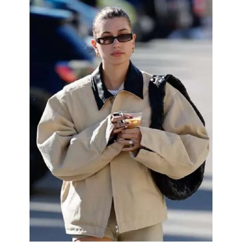Hailey Bieber Beige Trucker Jacket
